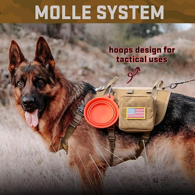 Forestpaw Tactical Dog Harness for Large Dogs,Tactical Dog Collar with Bungee Leash Set,No Pull Military Dog Harness for Walking Training,Adjustable for Medium Large Dogs,Khaki,Chest 19.5-41.5"