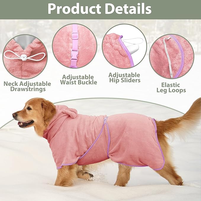 Dog Bathrobe Super Absorbent Towel Robe - Microfiber Bath Towels Fast Drying Coat for Dogs, Cute Dogs Clothes Adjustable Collar & Belly Strap Warm Keeping Hooded Dog Towel (Pink, Small)