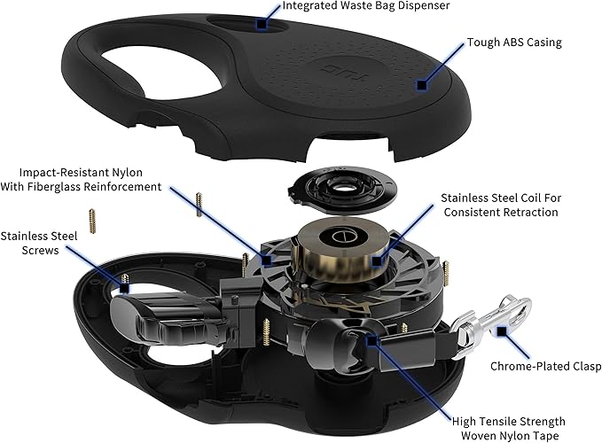 TUG Oval 360° Tangle-Free Retractable Dog Leash with Integrated Waste Bag Dispenser (Small, Black)