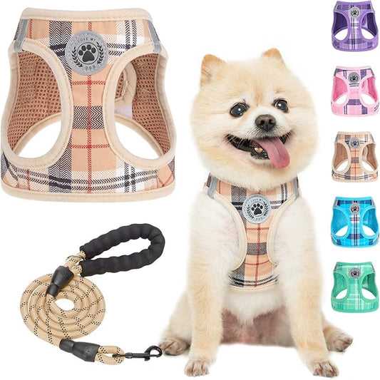 BEAUTYZOO Small Dog Harness and Leash Set,Step in No Choke No Pull Soft Mesh Dog Harnesses Reflective for Extra-Small/Small Medium Puppy Dogs and Cats, Plaid Dog Vest Harness for XS S Pets, Beige XXS