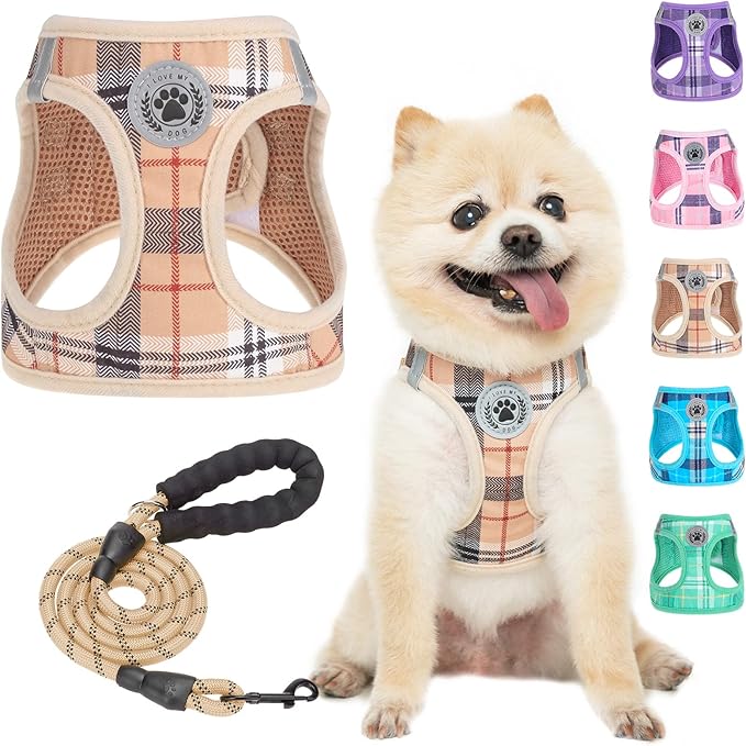 BEAUTYZOO Small Dog Harness and Leash Set,Step in No Choke No Pull Soft Mesh Dog Harnesses Reflective for Extra Small Medium Puppy Dogs and Cats, Plaid Dog Vest Harness for XS S Pets, Beige S