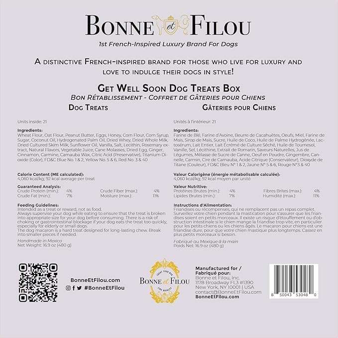 Bonne et Filou Get Well Soon Dog Treats, Gourmet Gift Box, 21 Luxury Macarons, Truffles & Bone Cookies, Healthy & Delicious Snacks for Medium to Large Dogs