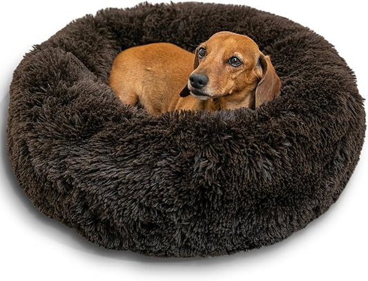 Best Friends by Sheri The Original Calming Donut Dog Bed – Washable Plush Pet Bed for Cats & Small Dogs up to 25 lbs, Shag Faux Fur, Dark Chocolate, Small (23" x 23")
