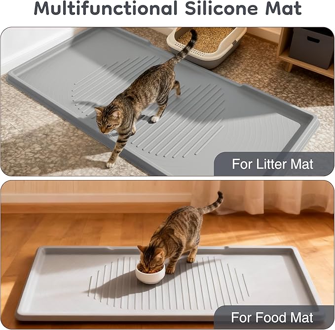 ISSEVE Cat Litter Mat 54" x 27.5" XXL, Extra Large Silicone Mat for Litter Box, 1.38" Raised Edge Urine Proof Litter Trapping Mat Pad for Scatter Control, Soft on Kitty Paws, Protect Floor (Grey)