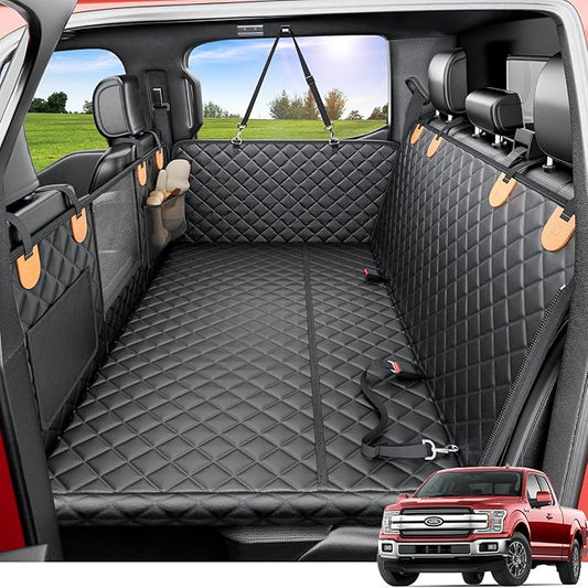 REEVAA Dog Truck Seat Cover for Back Seat, Hard Bottom Dog Hammock for Car, Pet Bed Extender for 2-4 Large Dogs, Waterproof Seat Protector, Universal XL Size Fits for Crew Cab Truck/SUV, Black+Orange