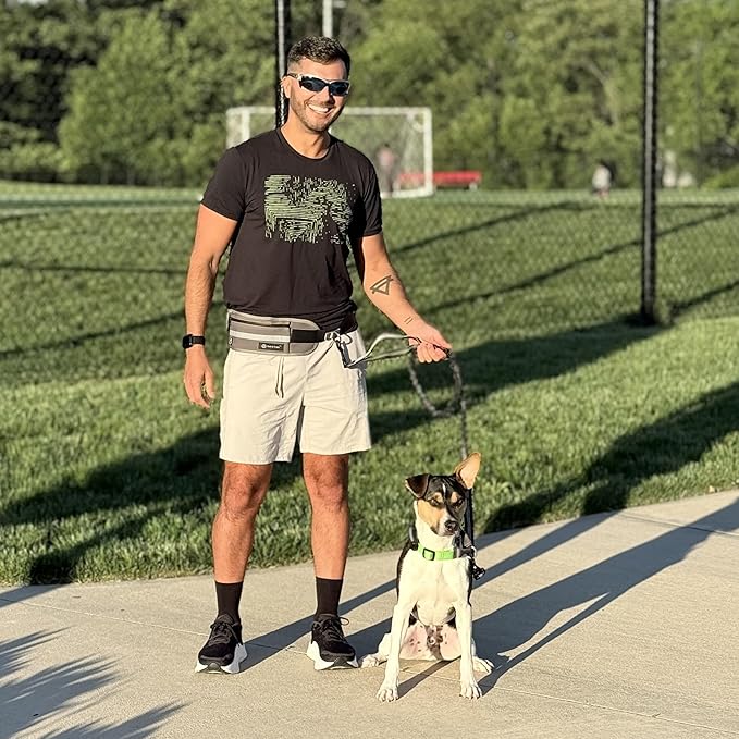 Tails & Tales Hands Free Dog Leash with Lightweight Waist Pouch for Walking Running Hiking, Adjustable Belt 25-45", Dual Padded Handles, Reflective Bungee Design for Small to Large 100lb Dogs (Gray)