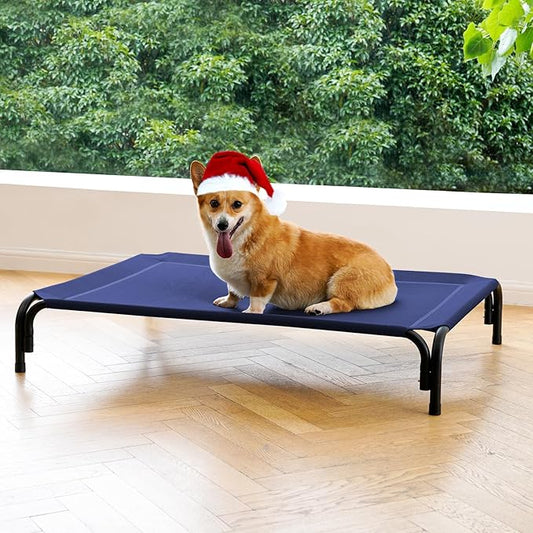 Elevated Dog Bed Raised Outdoor Dog Cot for Medium Dogs, Installation Requires No Tools, Frame with Washable Cooling Breathable Mesh Anti-Slip Feet, Indoor Pet Bed, Blue, 35.4 Inches
