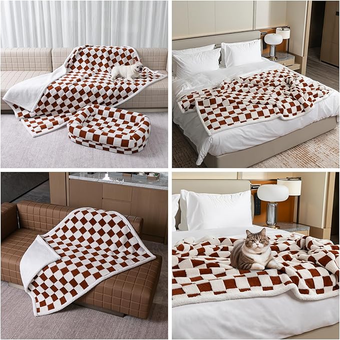 Waterproof Pet Blanket,Dog Bed Covers Couch Sofa Stylish Jacquard Pets Throw Blankets for Puppy Cats Washable Reversible Furniture Protection Covers (Coffee Check,XL)
