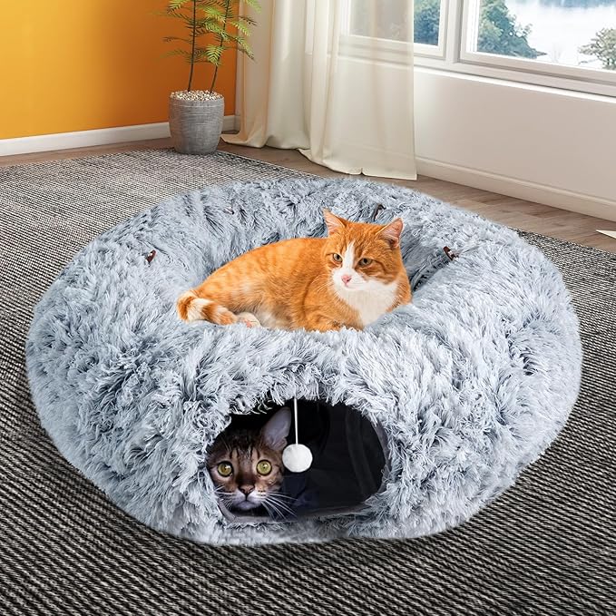 Cat Tunnels for Indoor Cats, Under Christmas Tree Grey Cat Tunnel Donut with Washable Circle Cushion for Cats, Pet Peekbaboo Cave Cat Tunnel Bed for Kitten