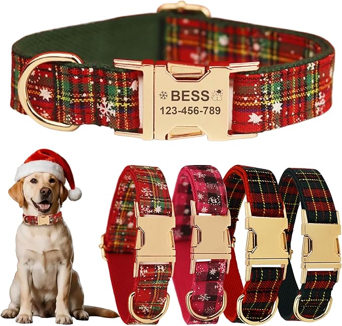 Christmas Personalized Dog Collar with Metal Buckle, Christmas Collar Customized with Name and Phone Number, Adjustable Sizes for Small Dogs, Medium, and Large
