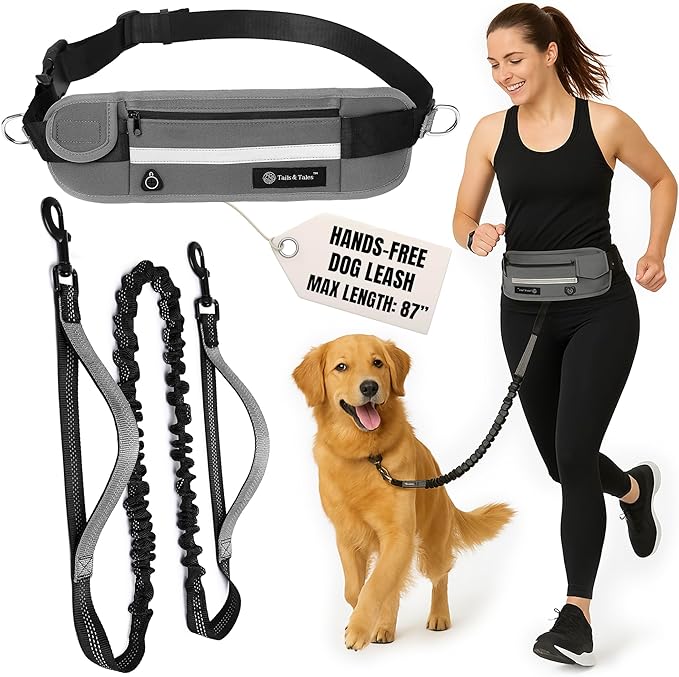 Tails & Tales Hands Free Dog Leash with Lightweight Waist Pouch for Walking Running Hiking, Adjustable Belt 25-45", Dual Padded Handles, Reflective Bungee Design for Small to Large 100lb Dogs (Gray)