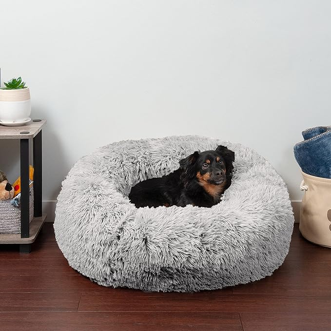 Furhaven 30" Round Calming Donut Dog Bed for Medium/Small Dogs, Refillable w/ Removable Washable Cover, Up to 45 lbs - Shaggy Plush Long Faux Fur Donut Bed -Mist Gray, Medium,30.0"L x 30.0"W x 10.0"Th