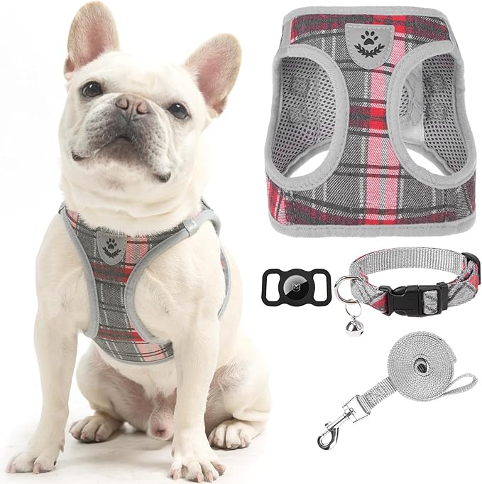 EXPAWLORER Classic Plaid Puppy Harness - Small Dog Harness and Leash Set - Dog Collar and Leash Set with AirTag Holder, Soft Padded Step in Dog Vest Harness No Pull Reflective for Outdoor, Grey M