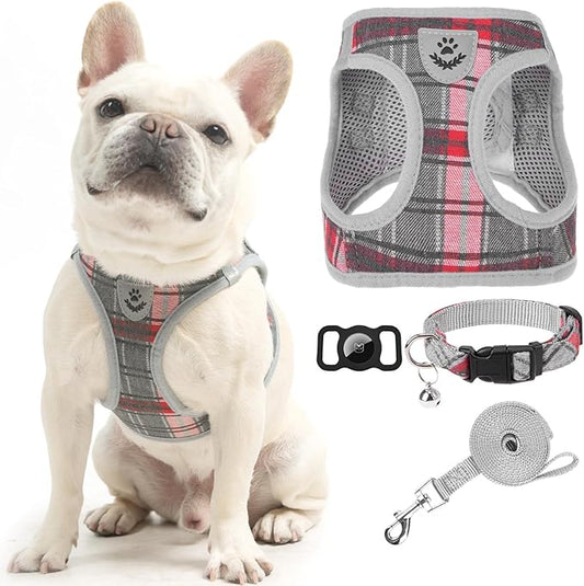 EXPAWLORER Classic Plaid Puppy Harness - Small Dog Harness and Leash Set - Dog Collar and Leash Set with AirTag Holder, Soft Padded Step in Dog Vest Harness No Pull Reflective for Outdoor, Grey M