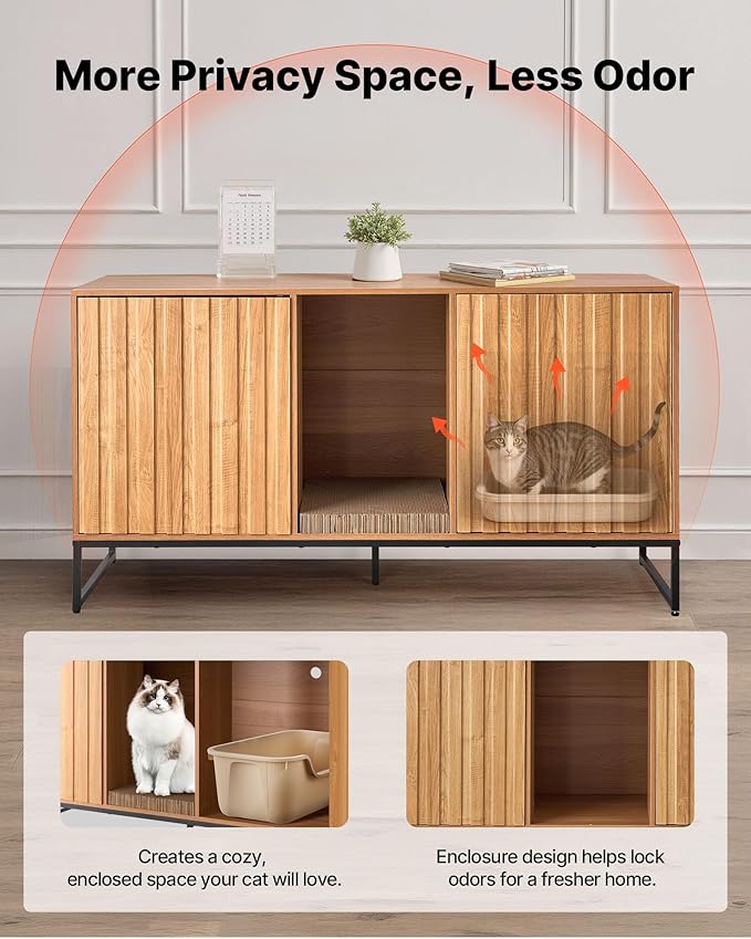 VEVOR Cat Litter Box Enclosure Furniture, 47.2 in Hidden Litter Box Cabinet with Scratch Pad & Storage, Waterproof Cat Washroom End Table Cat House, Fit Most of Litterbox, for Bedroom Living Room
