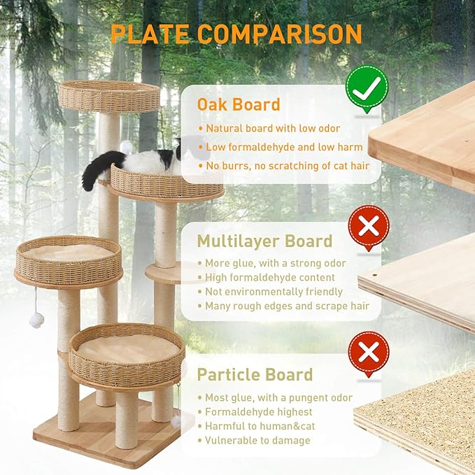 Modern Cat Tree for Indoor Cats Large Adult, 54‘’ Tall Cat Tower with Scratching Post, Wooden Cat Tree for Large Cats with Multi-Levels, 4 Weaving Washable Handwoven Rattan Cat Condo