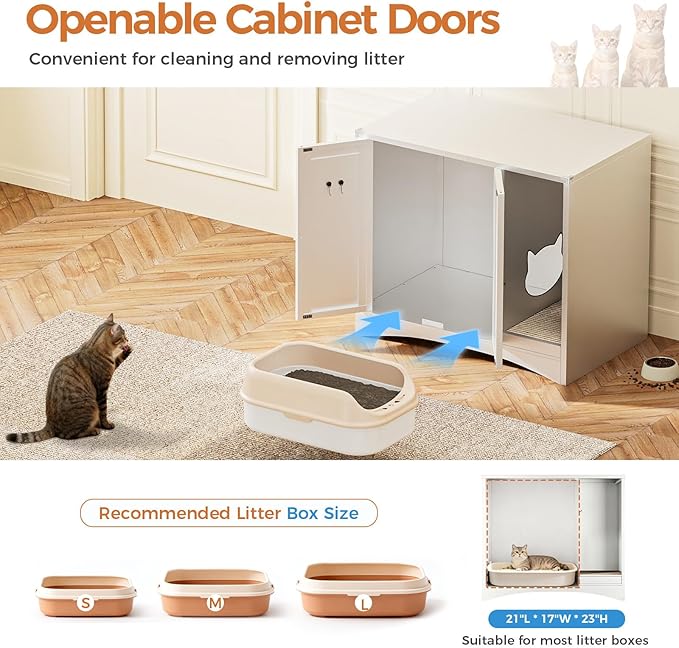 AUN Cat Litter Box Enclosure Hidden Cabinet, Easy Clean Steel Frame Pet House Furniture, Cat Washroom with Curved Entry, Dog-Proof, White, 31.5x19.6x27.5 Inches, Indoor Use