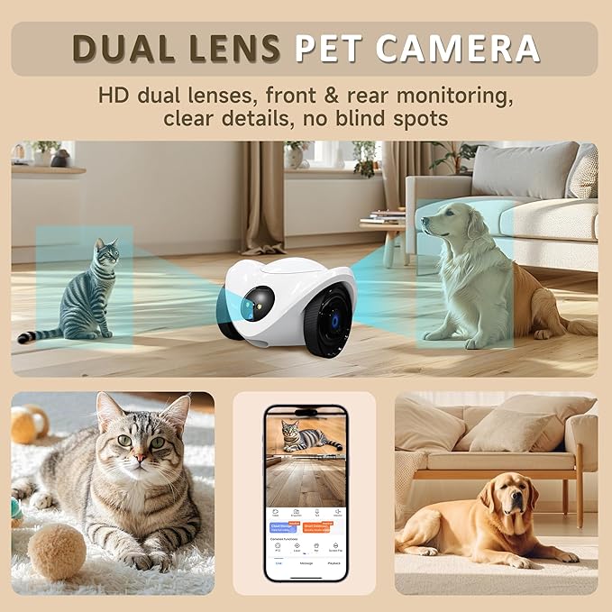 Pet Camera Treat Dispenser, Movable Pet Robot Cam with Phone App, 1080P Indoor Security Camera for Dog/Cat/Home Monitoring+32G SD Card, 2-Way Talk, Night Vision, Motion Detection (2.4GHz WIFI Only)