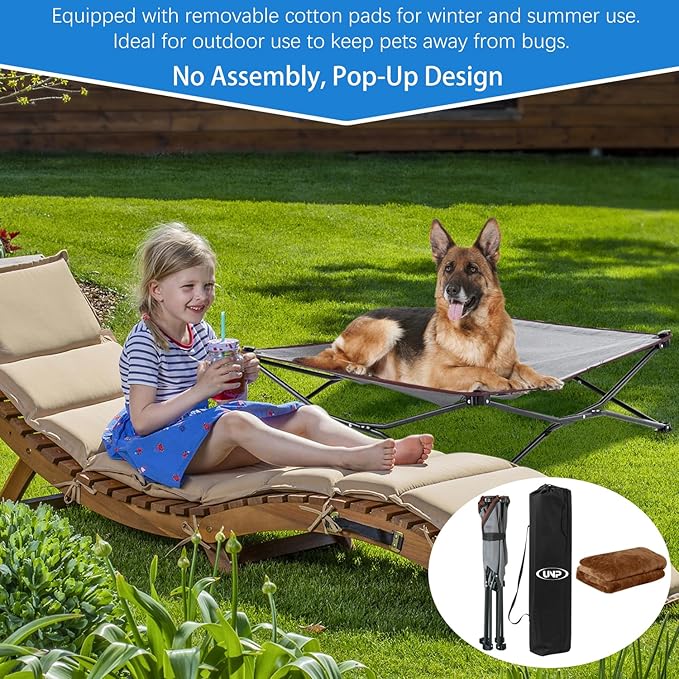 unp Elevated Cooling Dog Bed - 36 x 36 x 10 inch Foldable Pet Bed - Washable Plush Cover & Carrying Bag Breathable Dog Camping Chair (Brown, L)