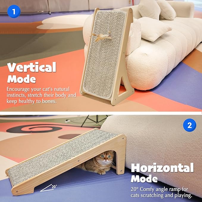 PETKARAY Cat Scratcher, Sisal Scratching Ramp, L Shape Scratch Pad for Indoor Cats, 27" Wall Furniture Protector with Mouse Toy