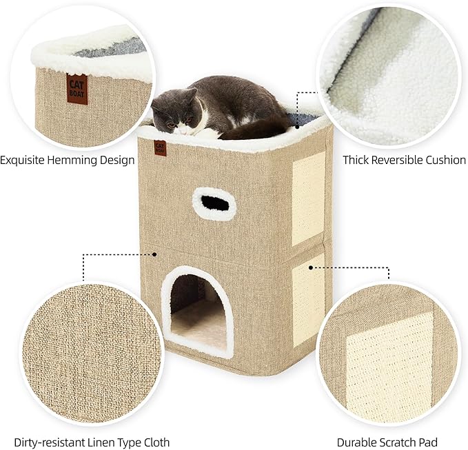 CATBOAT 2-Storey Cat House for Indoor Cats Bed, Covered Beds & Furniture with Scratch Pad and Hideaway Cave, Cute Modern Condo for Multi Small Pet Large Kitten Kitty, Brown
