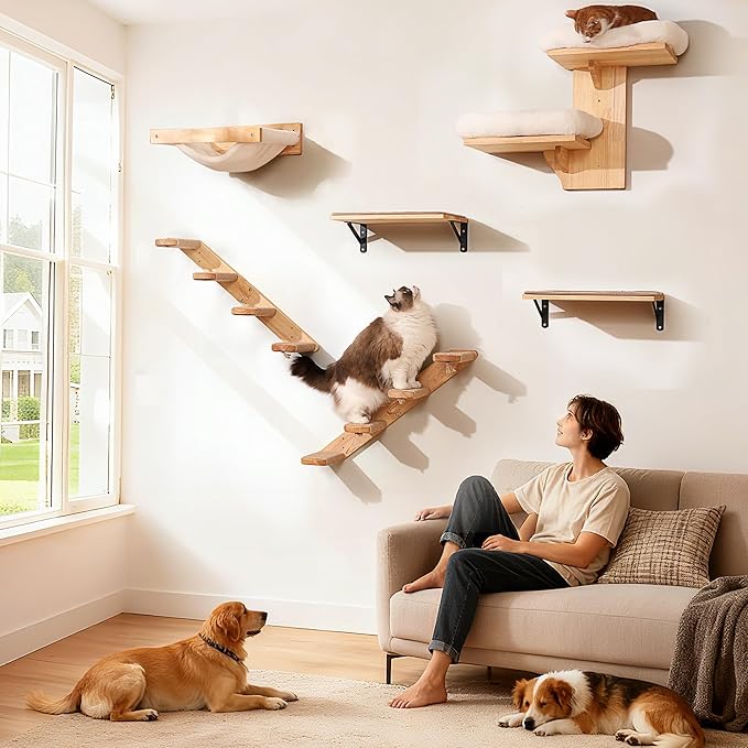 FUKUMARU Cat Climbing Shelf Wall Mounted, Four Step Cat Stair with Jute Scratching for Kitten Walls Shelves Furniture - Large