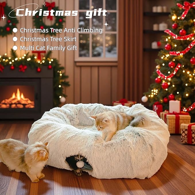 XxingSheep Extra Large Cat Tunnel Bed for Indoor Cats Peekaboo Cat Cave Donut with Center Mat
