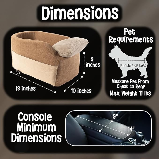 Center Console Dog Car Seat | 11 lbs MAX | Safety Straps & Leash | Comfortable Foam and Plush Pillows | Adjustable Mount Design | Large Storage Pockets | Perfect for Small Pets & Cats (Brown)