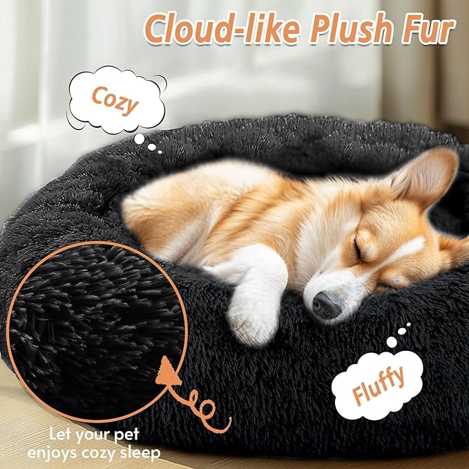 JOLLYVOGUE Calming Dog Bed for Small Dogs - 23 inches Donut Washable Small Dog Bed for Kittens & Puppies, Anti-Slip Round Fluffy Plush Faux Fur Cat Beds (Fits up to 25 lbs Pets, Black)