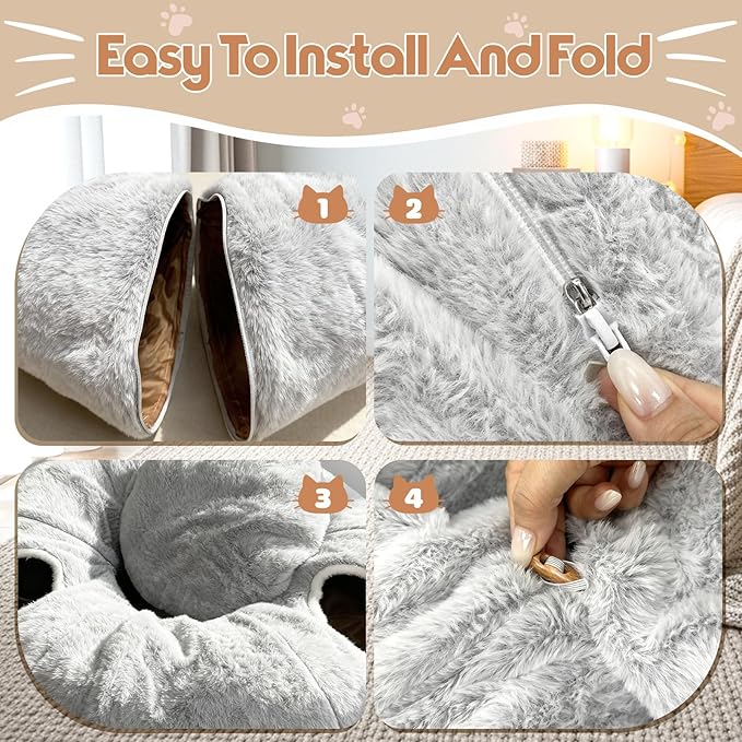 4-Holes Cat Tunnel Bed for Indoor Cats, Plush Donut Play Tunnel with Removable Cushion, Cats Hideout Play Bed with 11 Cat Toys, Cozy Round Cat Cave for Multiple Cats, Kitten/Puppy/Rabbit(Grey)