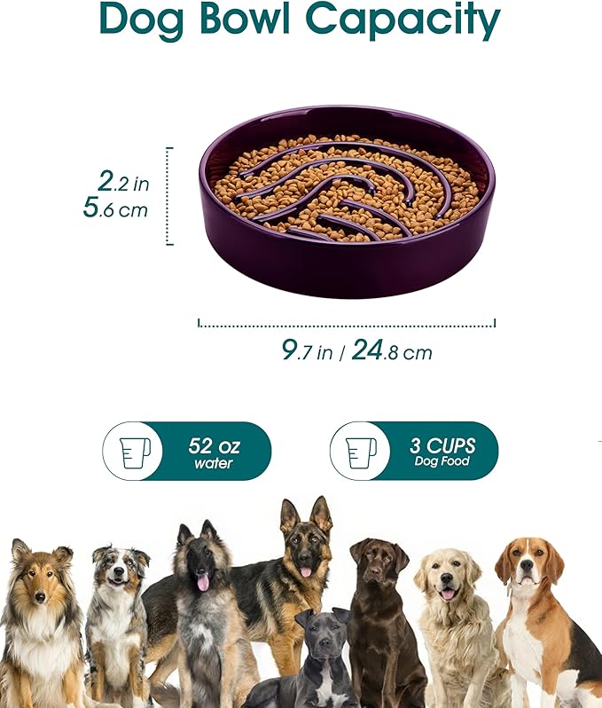 vancasso Slow Feeder Dog Bowl, 3 Cup Ceramic Slow Feeding Food Dish for Large Breed, Puzzle Dog Food Bowl for Fast Eater, Dark Purple
