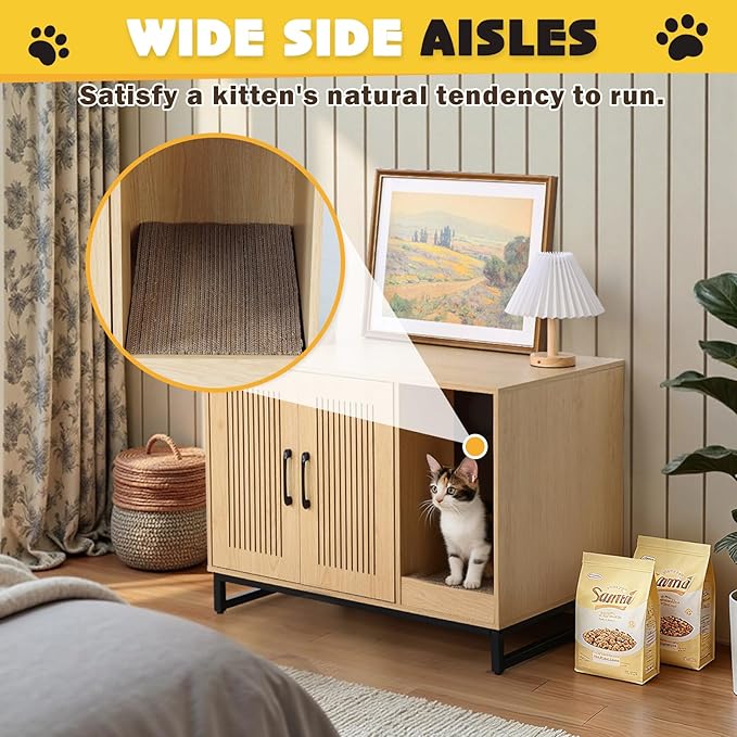 Litter Box Enclosure, Cat Litter Box Furniture with Scratching Mat, Large Hidden Litter Box Furniture Pet House, Wooden Cat Washroom Indoor, End Side Table for Hallway (Landing)