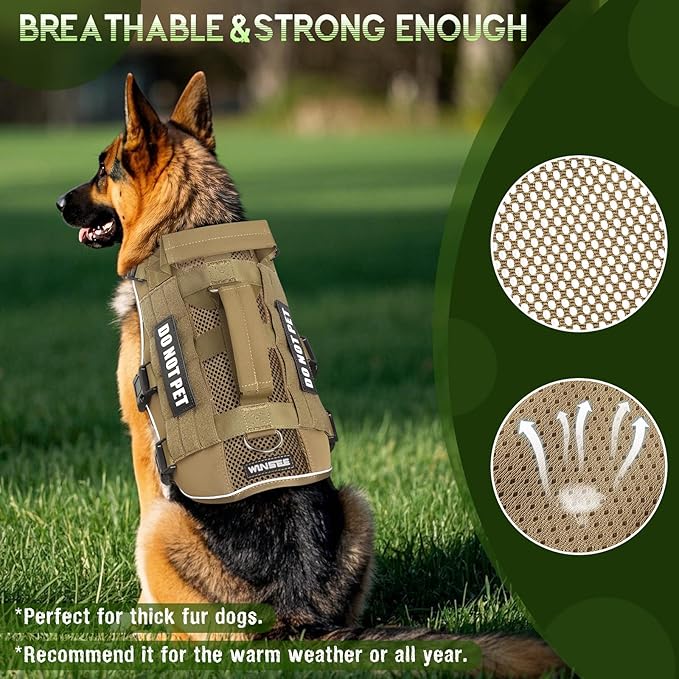 WINSEE Mesh Dog Harness with 10 Pet Patches for Medium Service Dog in Training, Breathable Tactical Molle Vest with Double Handle, Reflective Military Pet Vest for Walking Hiking