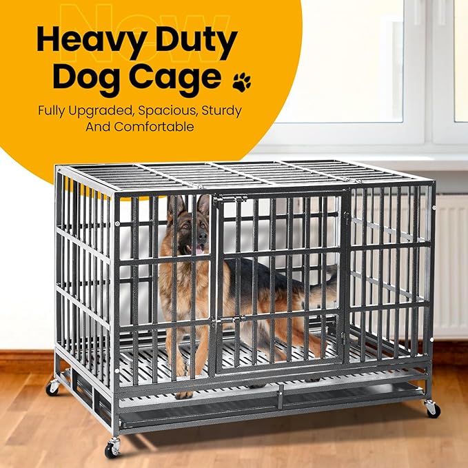 Oranland 48 inch Heavy Duty Indestructible Dog Crate,2025 New Upgraded Reinforced Baseplate for Large Dogs,XL Dog Crate for High Anxiety Dogs/Max Load Capacity 250lbs/Double Door with Wheels（Silver）