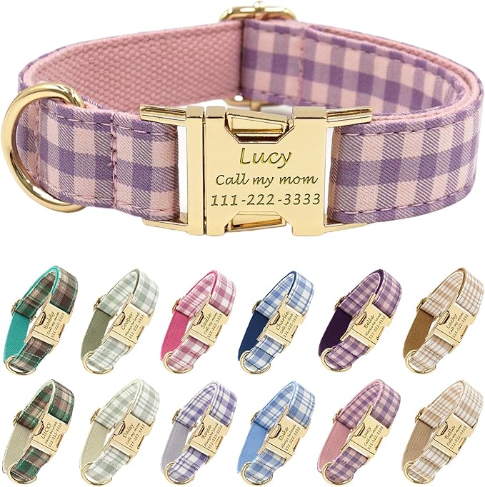 PETDURO Personalized Dog Collar Pink Purple Gingham Plaid for Large Medium Dogs | Engraved Name and Phone Number on Gold Metal Buckle for Girls | Add Leash & Bow Tie via Customize Now