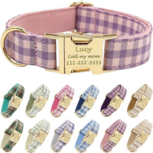 PETDURO Personalized Dog Collar Pink Purple Gingham Plaid for Large Medium Dogs | Engraved Name and Phone Number on Gold Metal Buckle for Girls | Add Leash & Bow Tie via Customize Now