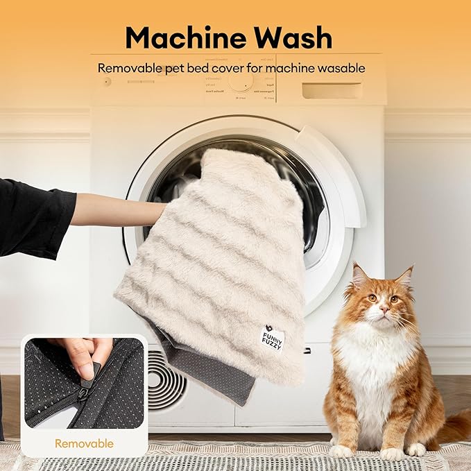 FUNNY FUZZY Self Warming Cat Bed, Waterproof Self Heating Pad for Cats & Dogs, Cozy Plush Warm Pet Mat with Removable Washable Cover - ThermoPad, 31.5"×25", Cream White