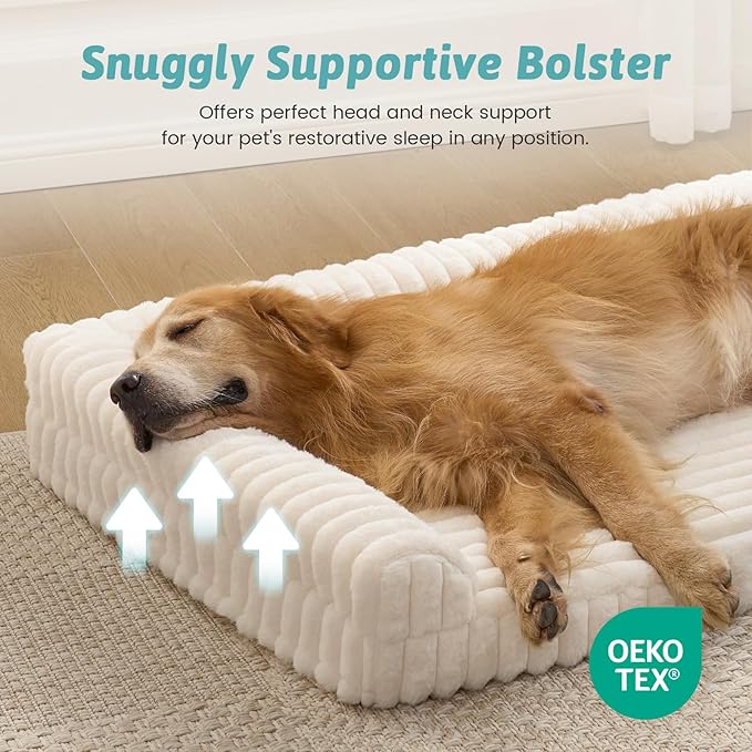 Cute Dog Bed, Faux Rabbit Fur Orthopedic Foam Dog Bed with Sides, Removable Washable Cover & Waterproof Lining, Comfortable Pet Couch for Extra Large Dogs, Cream (48" L x 35" W x 7.5" Th)