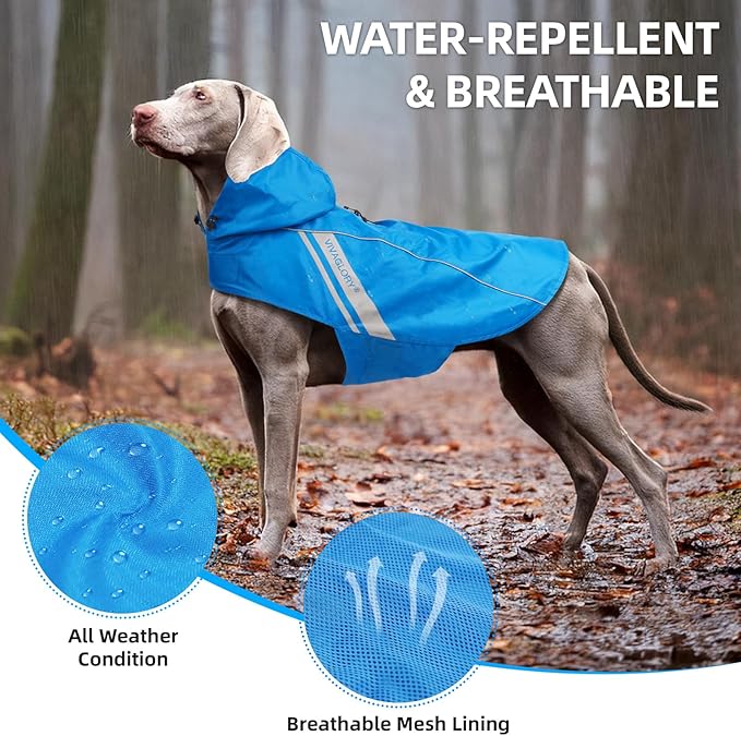 VIVAGLORY Wetoff Dog Raincoat, Rain Coat for Dog All Seasons Adventure, Rain Jacket with Harness Hole & Hood, Reflective Lightweight Waterproof for Doggy & Puppy, L, Blue