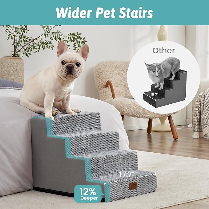 Dog Stairs for Small Dogs, 4 Tier Wider Pet Stairs for Couch and Beds, 17.7" H Non-Slip Dog Steps for Old Cats, Puppy, Small Medium Dogs, 17.7x23.6x17.7 inch, Grey