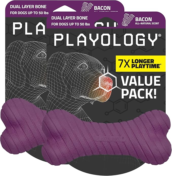 Playology Dog Toys | Dual Layer Bone Durable Chew Toy Bone for Dogs (Value 2-Pack) | Medium Bacon Scented Toy - Easy to Clean and Made from Non Toxic Materials