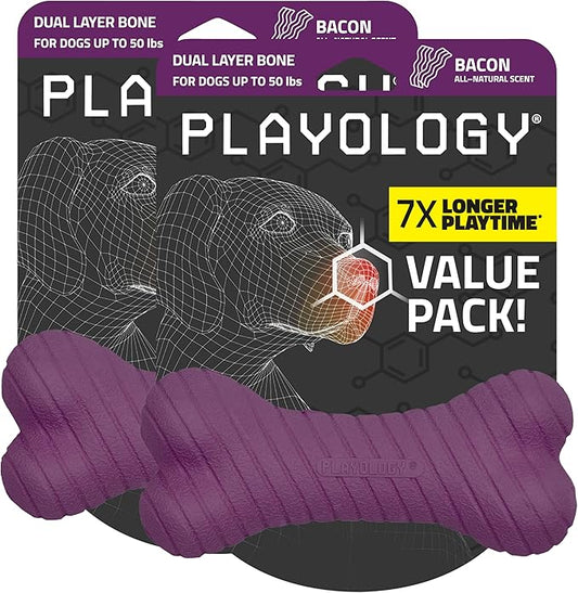 Playology Dog Toys | Dual Layer Bone Durable Chew Toy Bone for Dogs (Value 2-Pack) | Medium Bacon Scented Toy - Easy to Clean and Made from Non Toxic Materials
