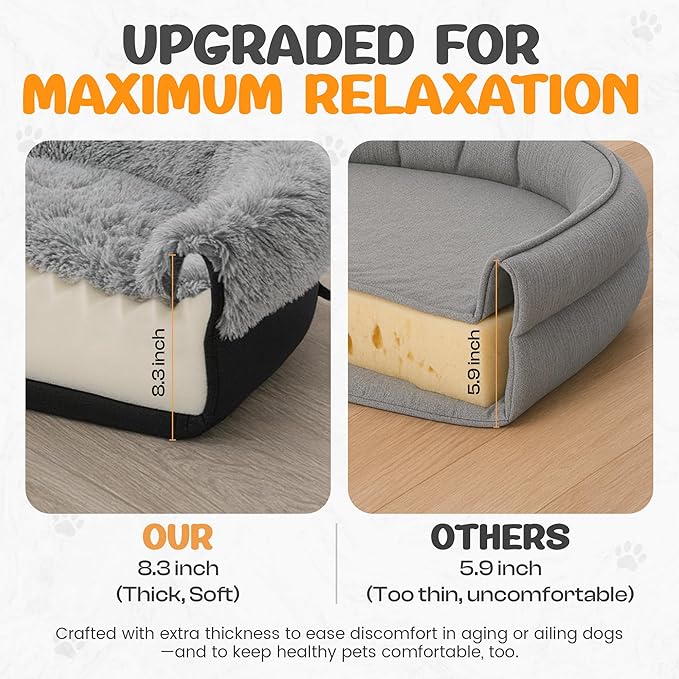 Fluffy Orthopedic Dog Bed for Extra Large & Jumbo Dogs, Calming Plush Sofa Bed with Curved Bolster Support, 48" Cozy Oval Pet Donut Bed with Washable Cover, Gray