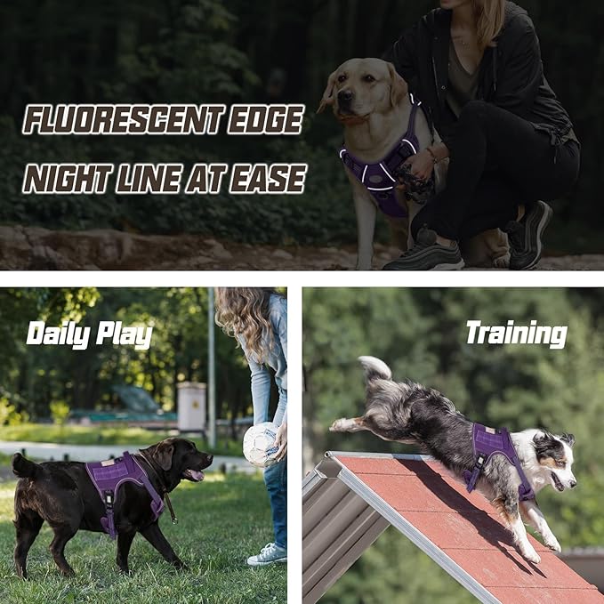 AUROTH Tactical Dog Harness for Large Dogs - Purple, No Pull, Adjustable, Reflective, Molle System for Gear Carrying