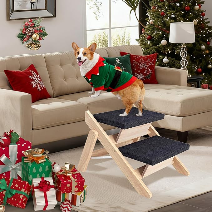 Dog Stairs/Ramp for Bed, Wooden Convertible Pet Steps, Portable Dog Ladder Up to 180 Pound for Elderly/Short-Legged Dogs, 2 Steps for Beds, Couch, Cars