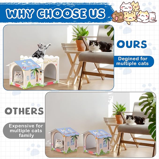 2 Story Cardboard Cat House with Scratcher Pad for Small Kitten,17x12x10 Multi Level Durable Cat Condo & Villa for Bunny Rabbit Small Animals Christmas Birthday Gift(Beach)