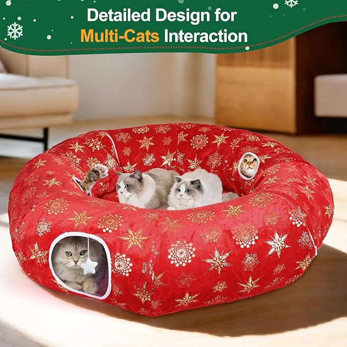 Cat Tunnel Bed for Indoor Cats, XL Christmas Tree Skirts Washable Warm Soft Indoor Cat Donut Tunnel, Multifunctional Cat Interactive Playground Toys for Felines Pet Christmas Tree Decoration