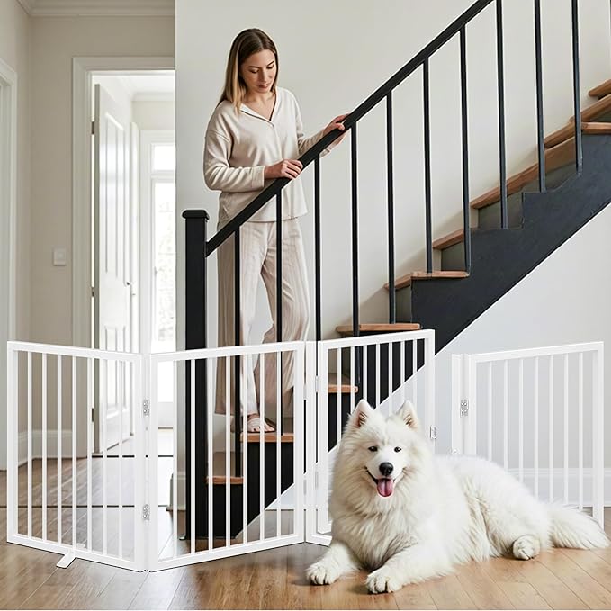 Vantas Folding No-Assembly Metal Pet Gate 80" Wide, 24" Extra Tall Dog Gate with Door Walk Through, Freestanding Accordion Puppy Gate Dog Door for Indoor & Outdoor, with 2PCS Support - White