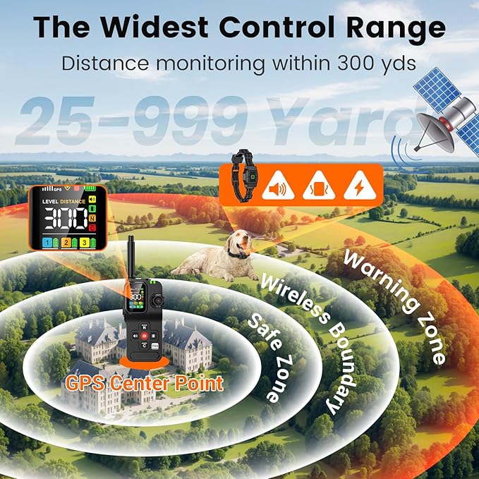 GPS Wireless Dog Fence, Electric Dog Fence Outdoor for Yard, Rechargeable, 25-999 Yards Customized Boundary, Real-Time Distance, Waterproof Collar, 3 Warning Modes Pet Containment System