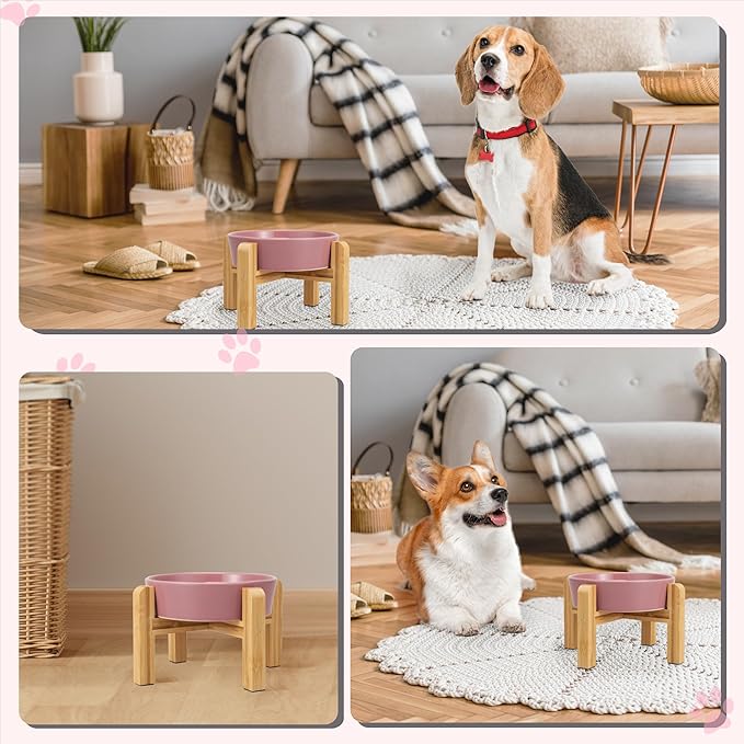 Elevated Slow Feeder Dog Bowl - Ceramic Maze Food Dish with Bamboo Stand - Raised Feeding Bowl for Fast Eaters - Ideal for Small and Medium Dogs - Pink - 6.7 inch